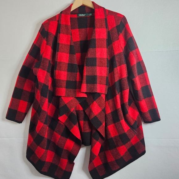 Lauren Ralph Lauren Sweaters - Lauren Ralph Lauren‎ Red Black Buffalo Plaid 100% Wool Draped Cardigan Plus 3X